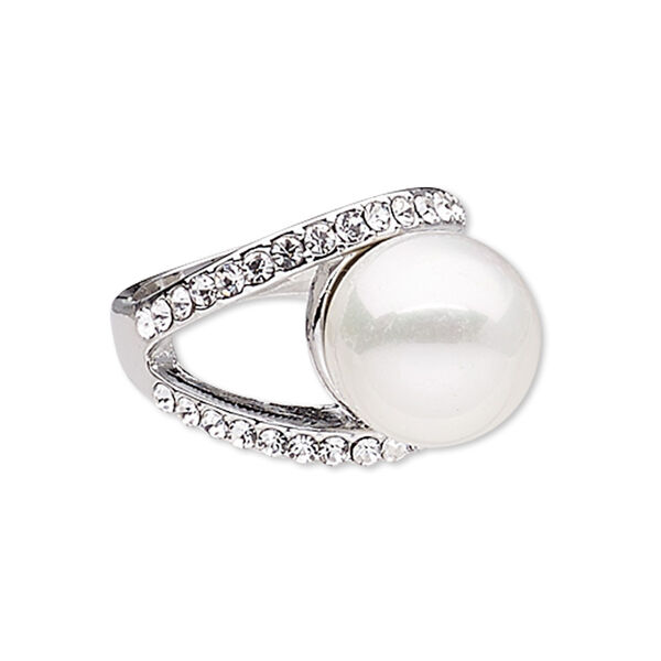 Ring, glass rhinestone / plastic pearl / imitation rhodium-finished "pewter" (zinc-based alloy), white and clear, 17mm wide with 14mm round, size 8. Sold individually. image number 0
