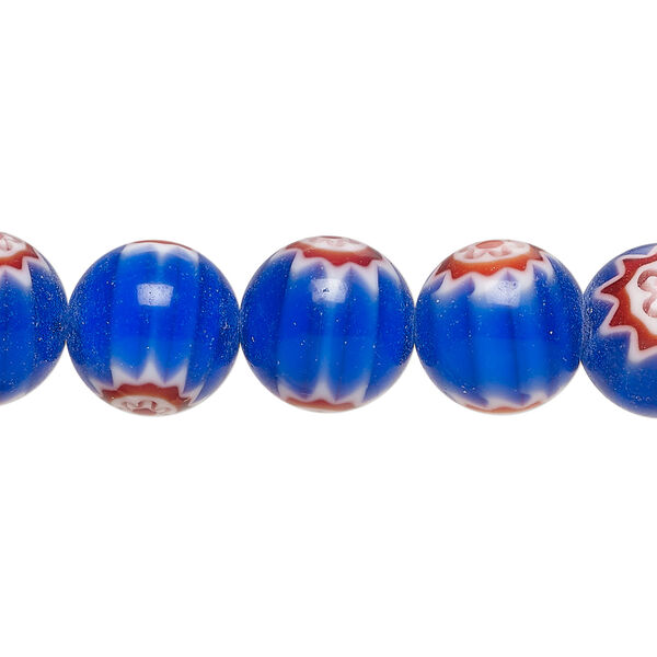 Bead, millefiori glass 1pkg1, translucent cobalt blue / red / white, 11-13mm round, 15 inches. image number 0