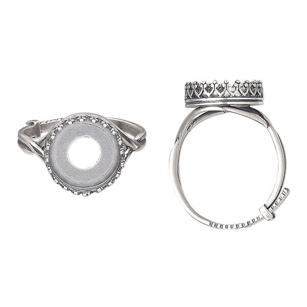 Ring, JBB Findings, antique silver-plated brass, 13.5mm wide with decorative trim and 12mm round bezel setting, adjustable from size 8-11. Sold individually. image number 0
