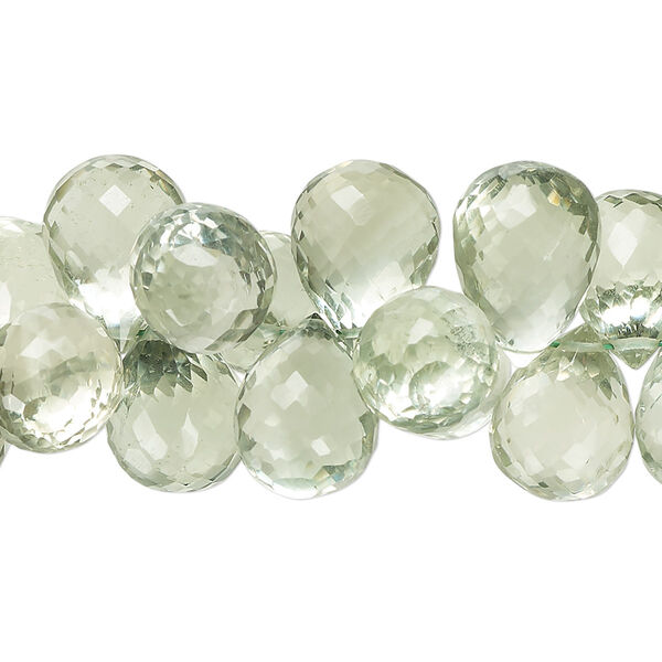Bead, green quartz (heated), 10x8mm-17x10mm hand-cut top-drilled faceted teardrop, B+ grade, Mohs hardness 7. Sold per 7-inch strand, approximately 55 beads. image number 0