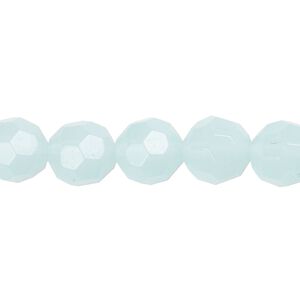 Bead, glass, translucent pale blue, 10mm faceted round. Sold per 13-inch strand, approximately 30 beads.