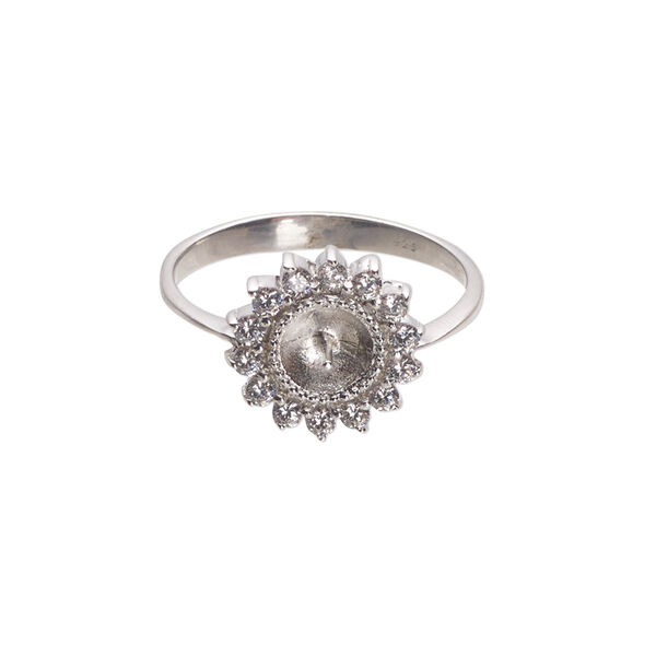 Ring, cubic zirconia and rhodium-plated sterling silver, clear, 3mm band with 13mm flower and 3mm peg, fits 8mm half-drilled bead, size 9. Sold individually. image number 0