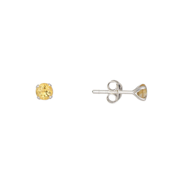 Earstud, Create Compliments®, sterling silver and citrine (heated), 4mm round. Sold per pair. image number 0