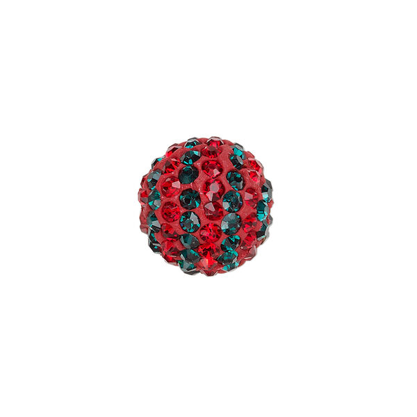 Bead, Egyptian glass rhinestone / epoxy / resin, red and dark green, 14mm round with pav&eacute; striped design. Sold individually. image number 0