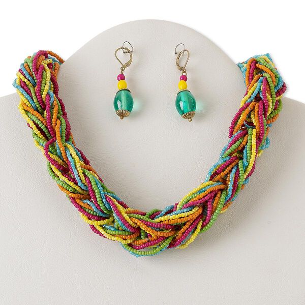 Necklace and earring set, multi-strand, gold-finished steel and brass with glass, multicolored, 18-inch braid with 2-inch extender chain and lobster claw clasp, 2-inch earrings with leverback ear wire. Sold per set. image number 0