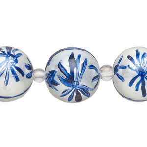 Bead, glass 1pkg8, opaque white and dark blue, 16mm hand-painted round.