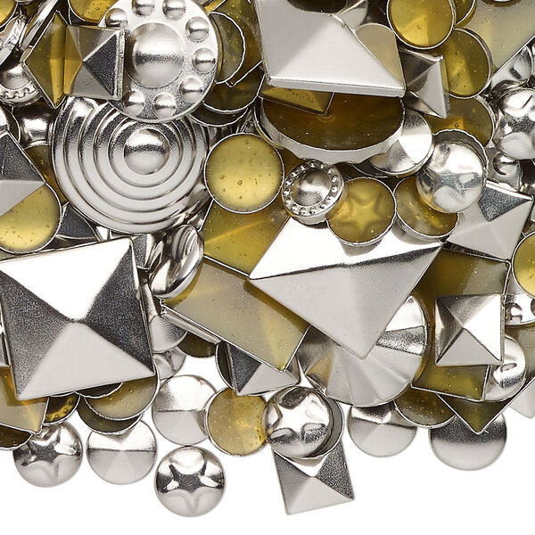 Rhinestud mix, silver-finished brass, 5-15mm hotfix domed mixed shapes. Sold per 50-gram pkg. image number 0