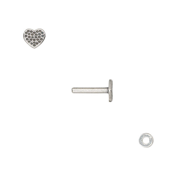 Washer and brad, antique silver-plated brass, 4x0.7mm and 11x6mm with 6x5.5mm heart with dot design and 1.5mm post diameter. Sold per pkg of (2) 2-piece sets. image number 0