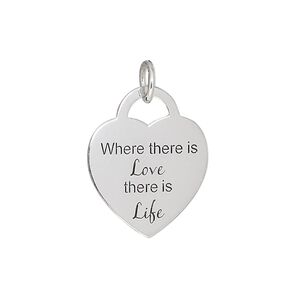 Drop, sterling silver and enamel, 19x18mm heart with "Where there is Love there is Life." Sold individually.