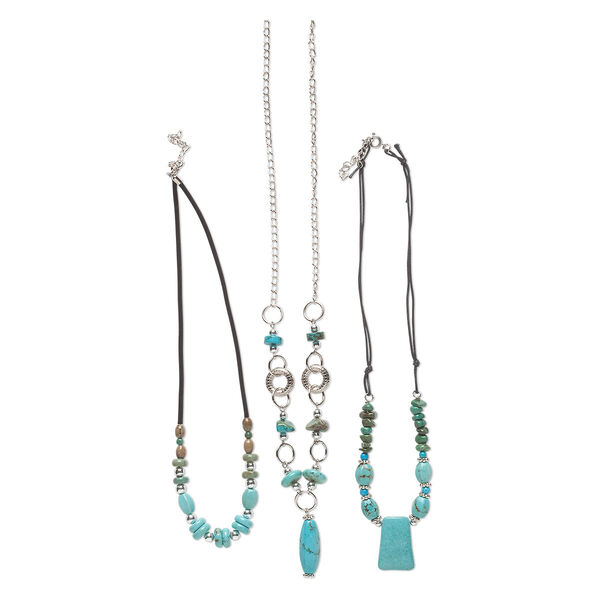 Necklace mix, magnesite (dyed / stabilized) / silver-finished steel / color-coated plastic, blue and black, 33x10mm-37x11mm focal, 18 to 22 inches with springring clasp and 2-inch extender chain. Sold per pkg of 3. image number 0