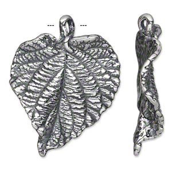 Focal, antiqued silver-plated pewter (tin-based alloy), 37x28.5mm single-sided textured leaf. Sold individually. image number 0