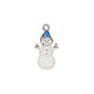 Charm, enamel and silver-plated "pewter" (zinc-based alloy), blue / black / red with white-colored glitter, 18x11mm single-sided snowman. Sold individually.