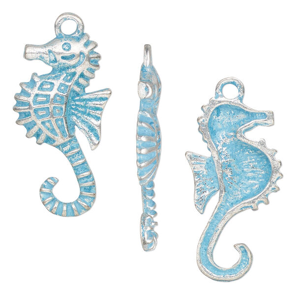 Charm, antique silver-finished pewter (tin-based alloy), blue patina, 28x14.5 single-sided seahorse. Sold per pkg of 4. image number 0