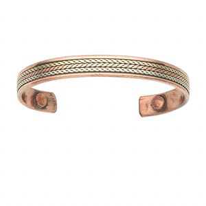 Bracelet, cuff, copper and antique silver-plated brass, 10mm wide, 7-8 inches with magnetic ends. Sold individually.