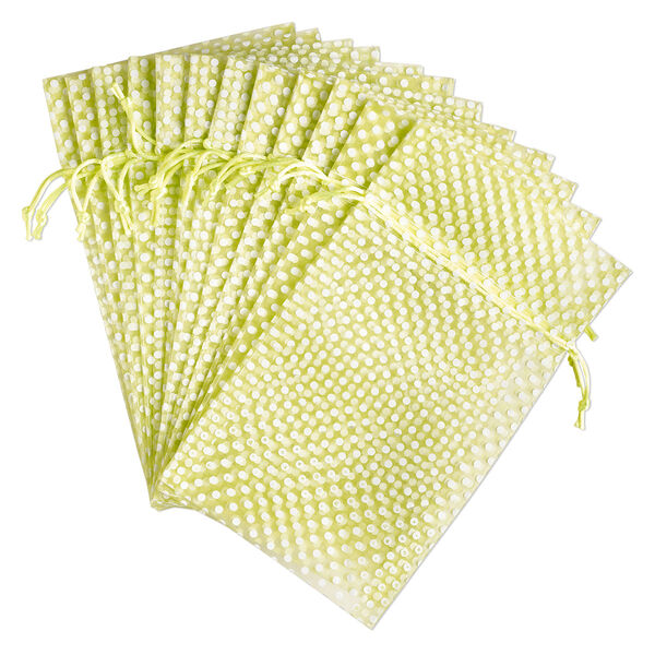 Pouch, organza, lime green and white, 10x6 inches with dots pattern and drawstring closure. Sold per pkg of 12. image number 0