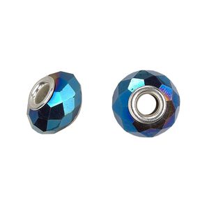 Bead, Dione®, glass and silver-plated brass grommets, 32-facet, opaque metallic dark blue, 14x9mm faceted rondelle. Sold per pkg of 6.