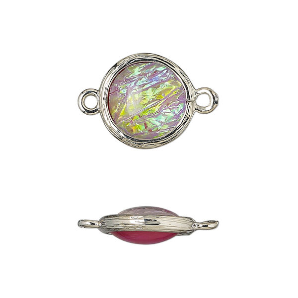 Link, Opalized Ice™, "opal" (resin) and imitation rhodium-finished brass, opaque light purple, 14mm double-sided round .Sold per pkg of 4. image number 0