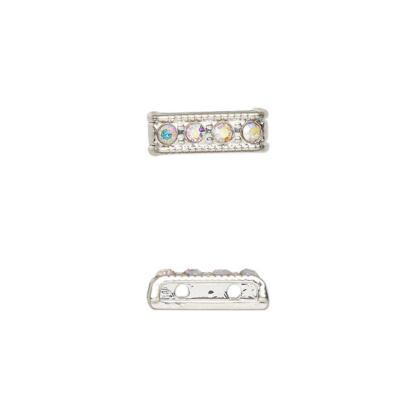 Spacer bar, silver-finished "pewter" (zinc-based alloy) and glass, clear AB, 12.5x4.5mm rectangle, 2-strand with crystals on one side, fits up to 6mm beads. Sold per pkg of 6. image number 0