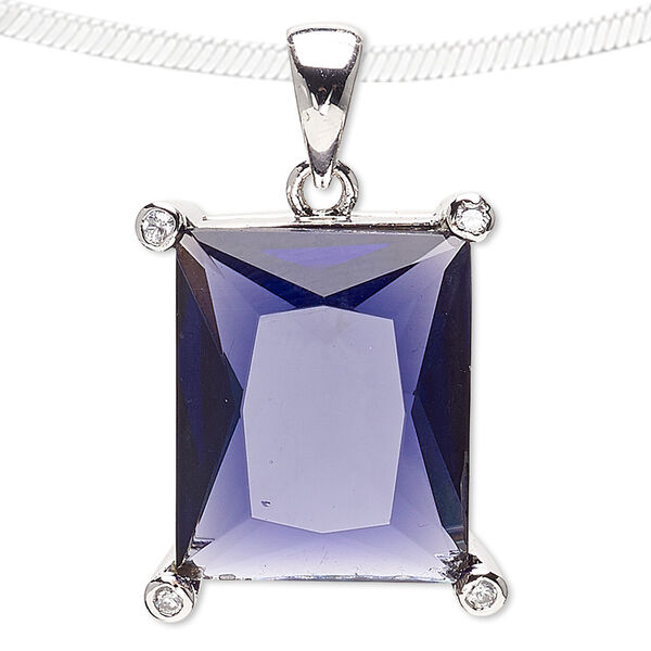 Pendant, glass / glass rhinestone / rhodium-plated brass, purple and clear, 25x20mm rectangle. Sold individually. image number 0
