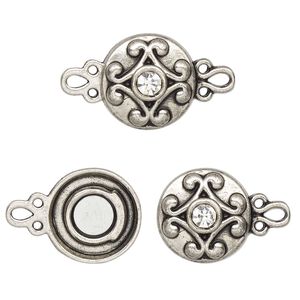 Clasp magnetic 1pkg2 "pewter" (zinc alloy), 12mm double-sided round, antique silver-finished / clear rhinestone 1-strand