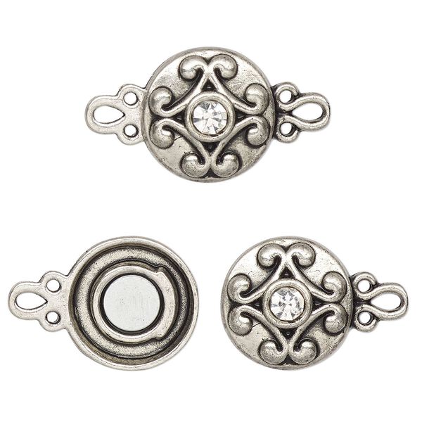 Clasp, magnetic, silver-finished "pewter" (zinc-based alloy) and glass, clear, 12mm double-sided round. Sold per pkg of 2. image number 0