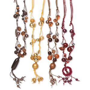 Necklace mix, acrylic / resin / wood / waxed cotton cord, mixed colors and shapes, 14 to 22 inches with adjustable knot closure. Sold per pkg of 4.
