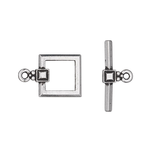Clasp, TierraCast®, toggle, antique silver-plated pewter (tin-based alloy), 12.5mm square with small beaded square design. Sold per pkg of 10. image number 0