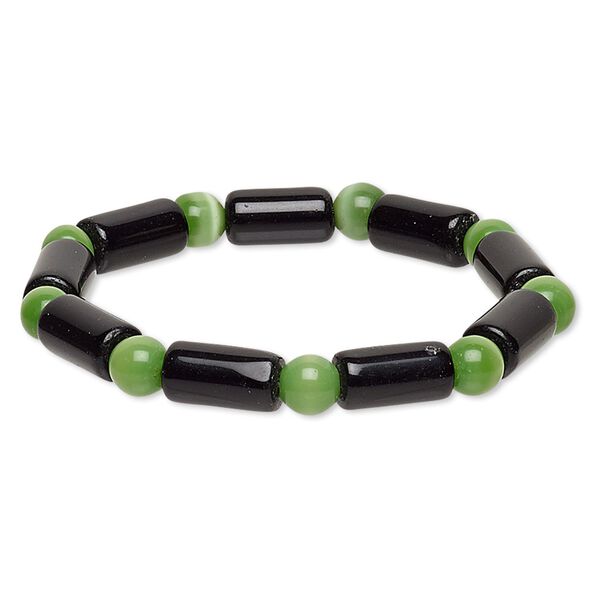 Bracelet, stretch, glass and cat's eye glass, opaque green and black, 7-8mm round and 14x7mm-15x8mm round tube, 7 inches. Sold individually. image number 0