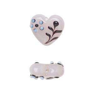 Bead, lampworked glass, opaque pink / black / white, 18x15mm flat heart with flower design. Sold per pkg of 2.