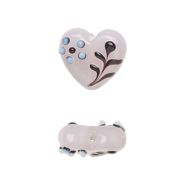 Bead, lampworked glass, opaque pink / black / white, 18x15mm flat heart with flower design. Sold per pkg of 2. image number 0