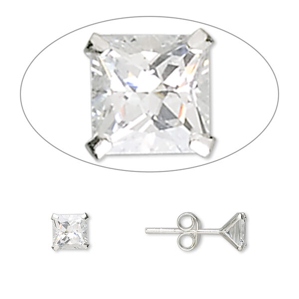 Earstud, sterling silver and cubic zirconia, clear, 5mm square with post. Sold per pair. image number 0