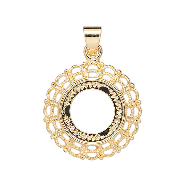 Pendant, gold-plated "pewter" (zinc-based alloy), 23mm fancy round with 14mm round setting. Sold per pkg of 4. image number 0