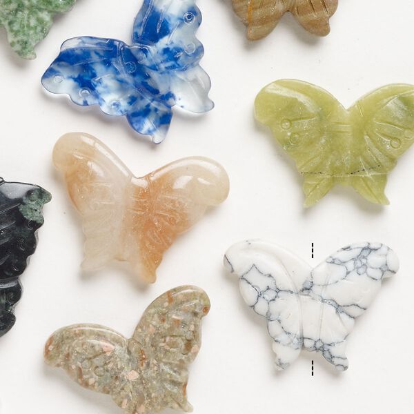 Multi-gemstone / glass 1pkg10, carved butterfly bead mix 32x23mm-40x33mm image number 0