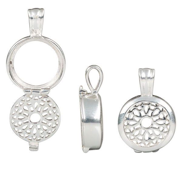 Pendant, sterling silver, 20x14mm hinged round with flower design and 12mm cabochon setting. Sold individually. image number 0
