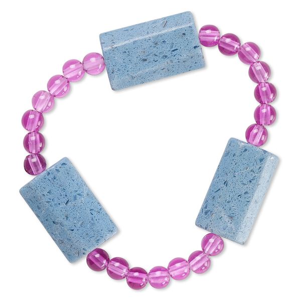 Bracelet, stretch, glass and acrylic, opaque purple and blue, 5mm round and 24x14mm-25x16mm faceted puffed rectangle, 6-1/2 inches. Sold individually. image number 0