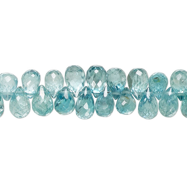 Bead, blue zircon (heated), 6x4mm-8x5mm hand-cut top-drilled faceted briolette, B grade, Mohs hardness 6 to 7-1/2. Sold per 4-inch strand, approximately 40 beads. image number 0