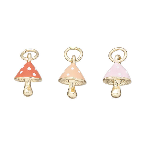 Charm assortment, gold-finished "pewter" (zinc-based alloy) and enamel, mixed colors and white, 10x9mm 3D mushroom with spots. Sold per 3-piece set. image number 0