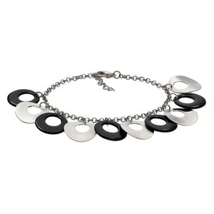 Bracelet, acrylic / pewter (tin-based alloy) / imitation rhodium-finished steel, black, 20mm round go-go and brushed round go-go, 7-1/2 inches with 1-inch extender chain and lobster claw clasp. Sold individually.