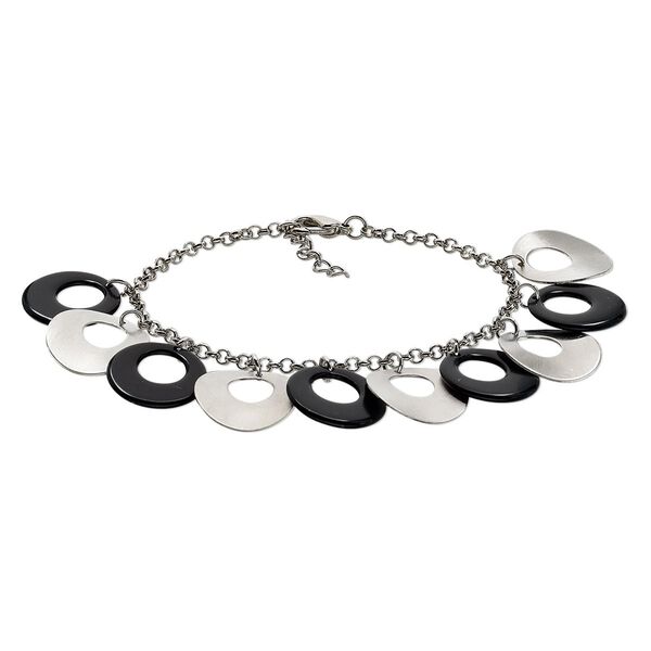 Bracelet, acrylic / pewter (tin-based alloy) / imitation rhodium-finished steel, black, 20mm round go-go and brushed round go-go, 7-1/2 inches with 1-inch extender chain and lobster claw clasp. Sold individually. image number 0