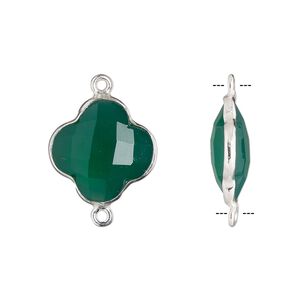 Link, green onyx (dyed) and sterling silver, green, 16-17mm hand-cut double-sided faceted clover. Sold individually.