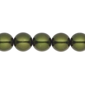 Bead, Czech glass pearl, glass, dark olive green, 10mm round. Sold per 18-inch strand, approximately 50 beads.