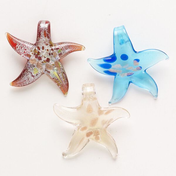 Random focal mix, lampworked glass, pkg/3, translucent mixed colors with silver-colored foil and copper-colored glitter, 30x28mm-43x42mm starfish. image number 0