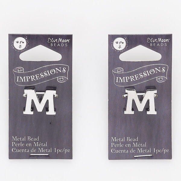Drop, silver-finished "pewter" (zinc-based alloy), 16x13mm alphabet letter "M." Sold per pkg of 2. image number 0