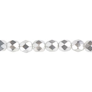Bead, Czech fire-polished glass, opaque metallic silver chrome, 6mm faceted round. Sold per pkg of 1,200 (1 mass).
