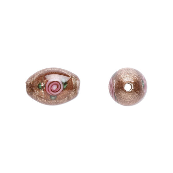 Bead, Czech lampworked glass, opaque brown / pink / green, 12x8mm-13x9mm olive with flower design. Sold per pkg of 4. image number 0