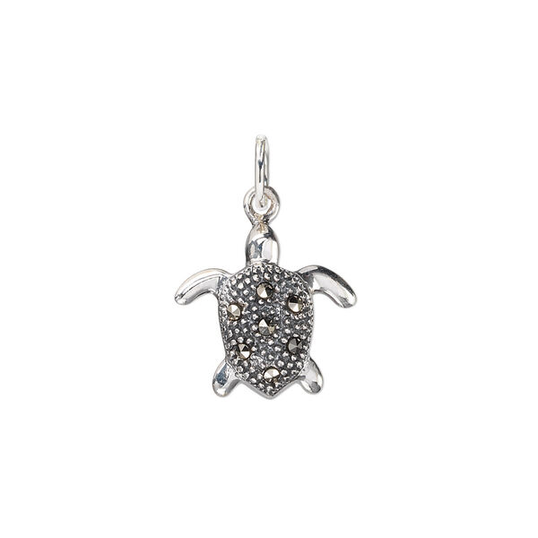 Charm, Signity® marcasite (natural) and sterling silver, 15x14mm sea turtle. Sold individually. image number 0