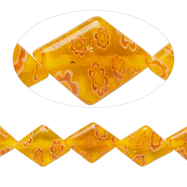 Bead, millefiori glass, transparent light orange / orange / white, 13x10mm-14x10mm puffed diamond with 0.6-0.8mm hole. Sold per 15-inch strand. image number 0