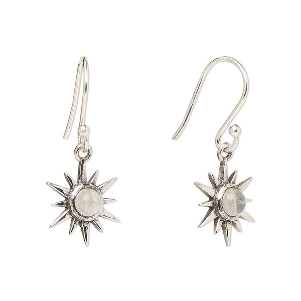 Ear wire, Create Compliments®, antiqued sterling silver and rainbow moonstone (natural), fishhook, 27mm with 12mm single-sided star, 21 gauge. Sold per pair. image number 0