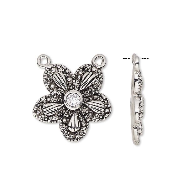 Connector, cubic zirconia and antique silver-plated bronze, clear, 19x19mm single-sided flower with 4mm faceted round and closed loops. Sold individually. image number 0