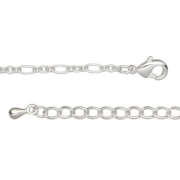 Chain, silver-plated steel and brass, 2.5mm figaro, 18 inches with 2-inch extender chain and lobster claw clasp. Sold individually. image number 0